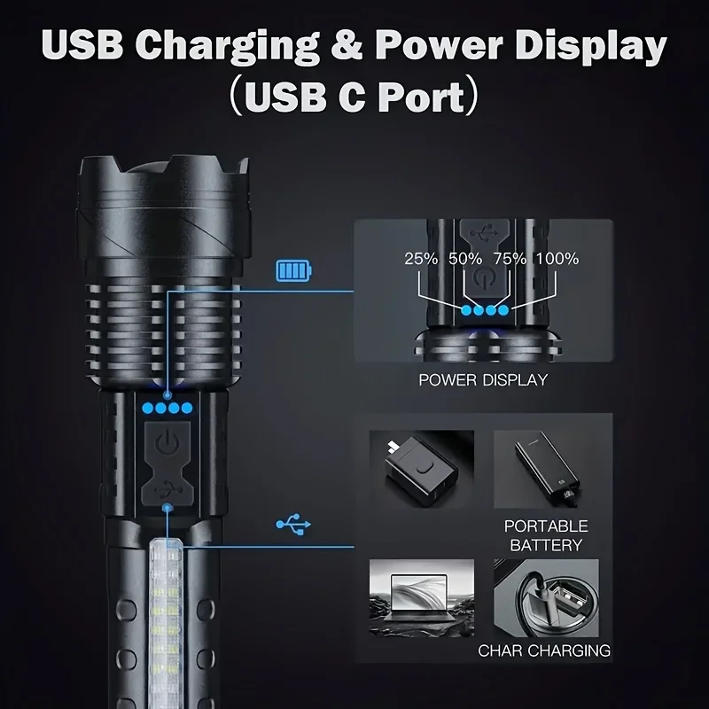 강력한 LED 손전등 배터리 표시등 USB 충전식 라이 - Outdoor Camping Lampe 리뷰 및 가격