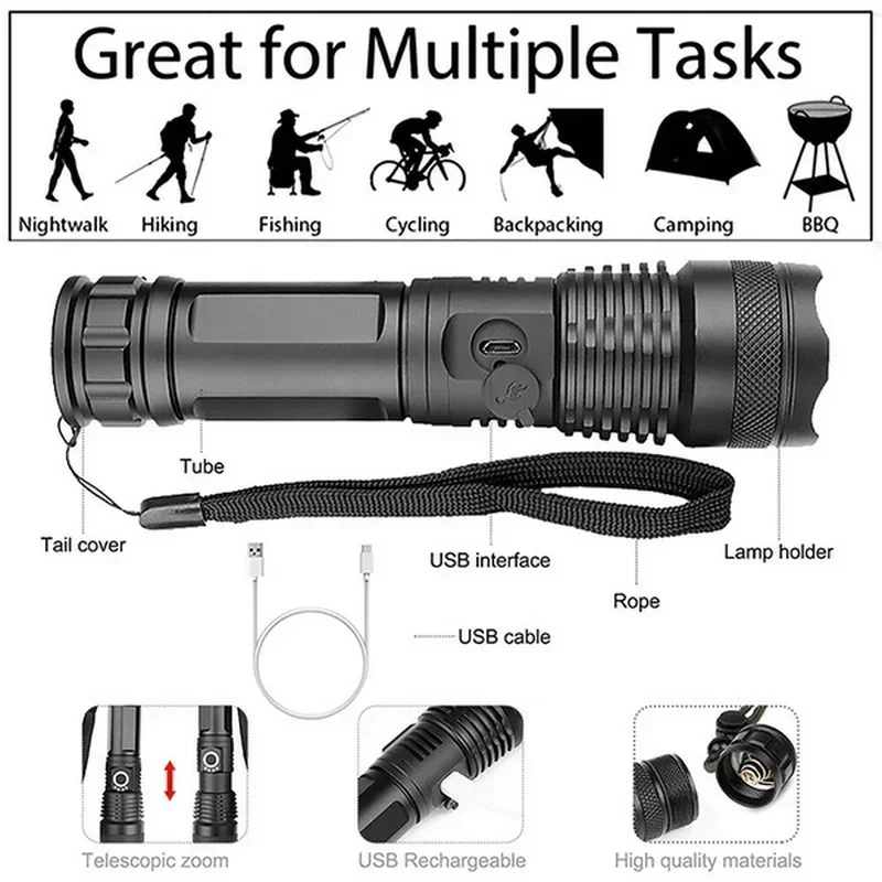 고출력 XHP70 LED 손전등 USB-C 충전식 토치 - Outdoor Camping Lampe 리뷰 및 가격